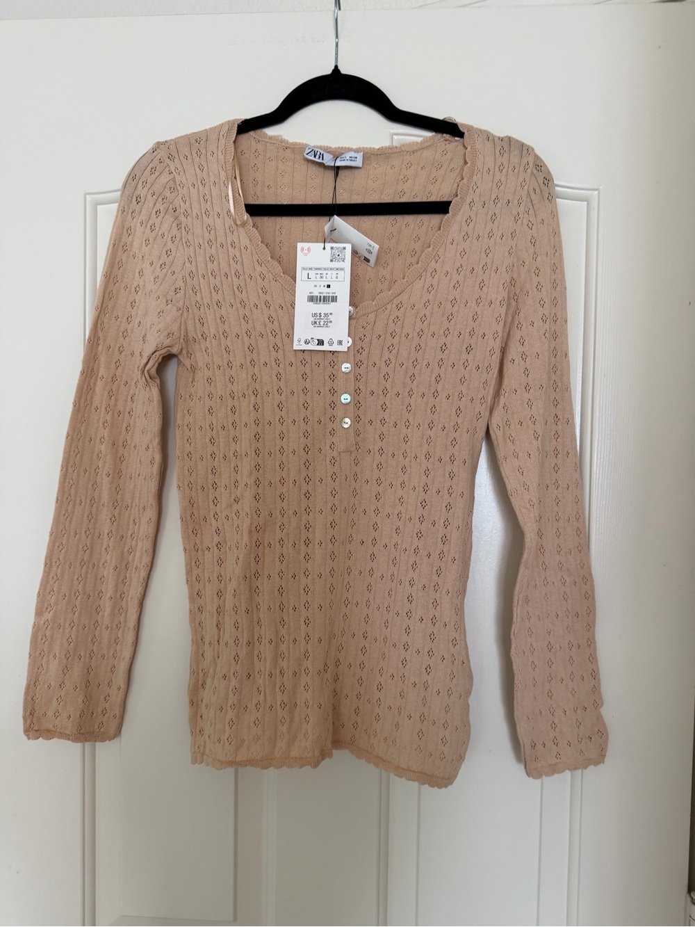 Zara Beige Pointelle Long Sleeve Henley Top